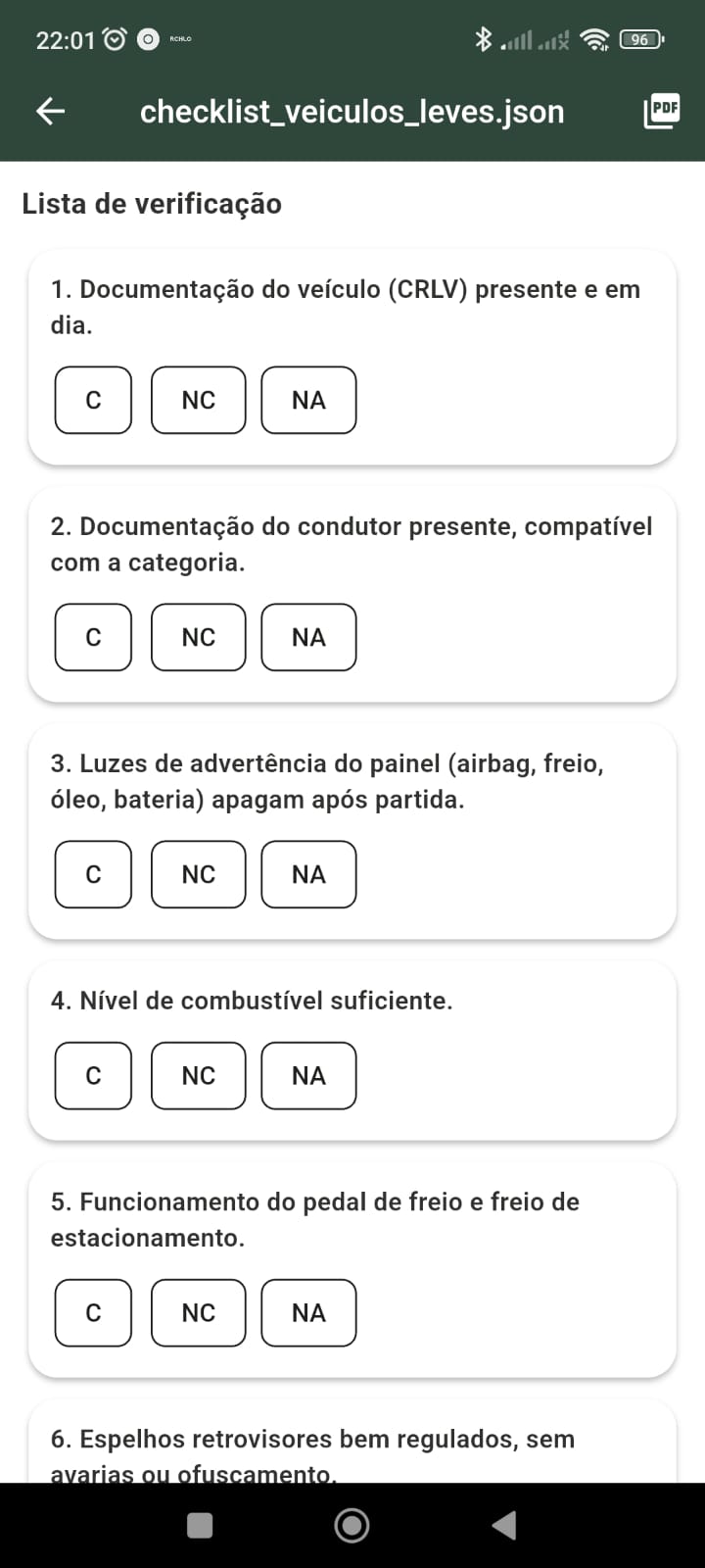 Tela de checklist dinâmico em execução