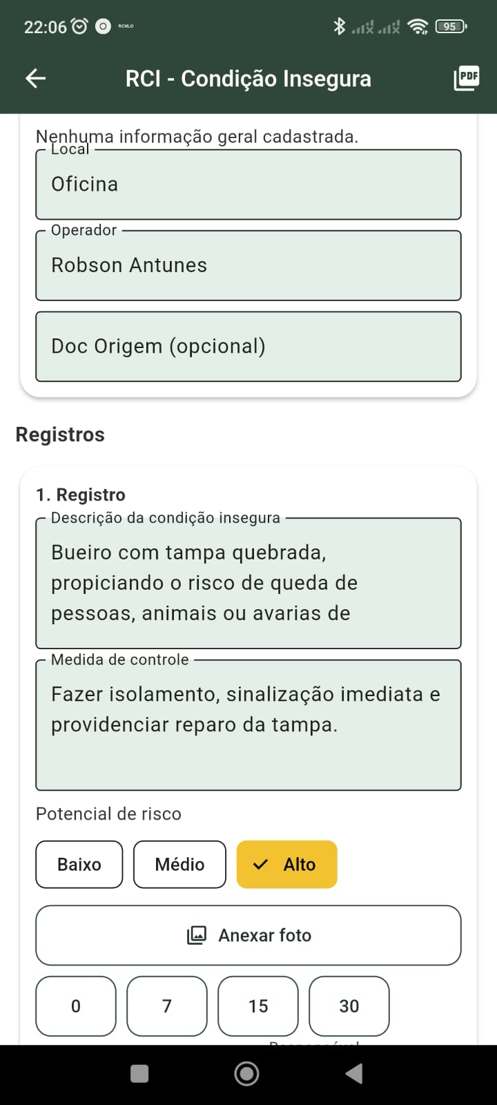 Tela de registro consolidado (RCI) com evidências